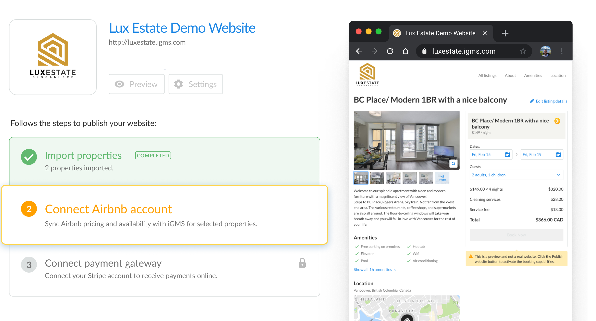 iGMS direct-booking website builder showing a live booking-site preview with CAD pricing