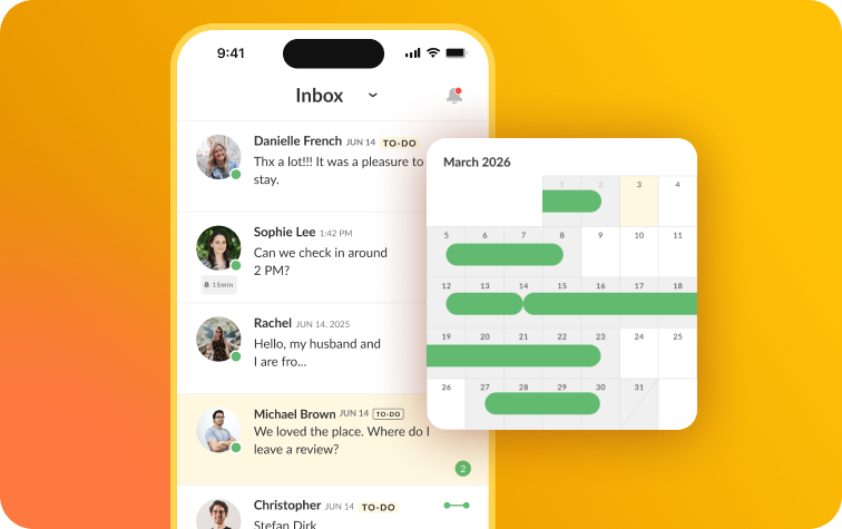 iGMS mobile app showing inbox conversations and calendar view