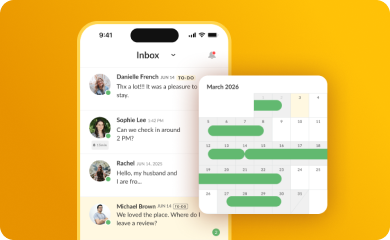 iGMS mobile app showing inbox conversations and calendar view