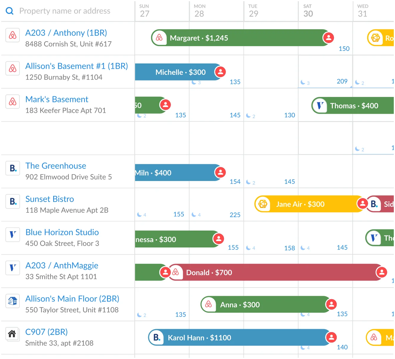 iGMS multi-platform calendar showing color-coded Airbnb, VRBO and Booking.com reservations in a single view