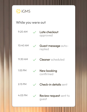 iGMS task automation dashboard showing automated overnight tasks — checkout approved, cleaner scheduled, booking confirmed