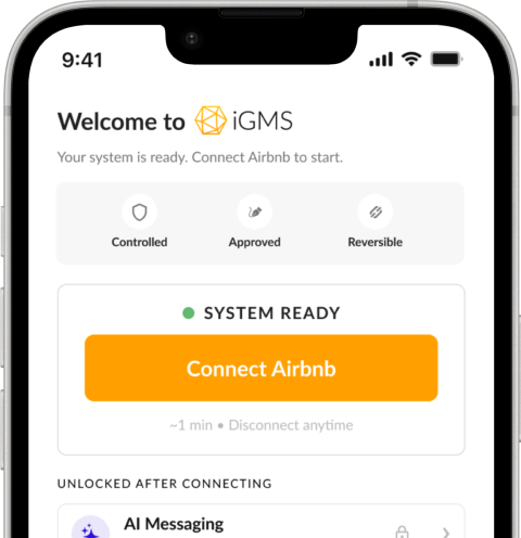 iGMS mobile app welcome screen prompting the user to connect their Airbnb account