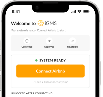 iGMS mobile app welcome screen prompting the user to connect their Airbnb account
