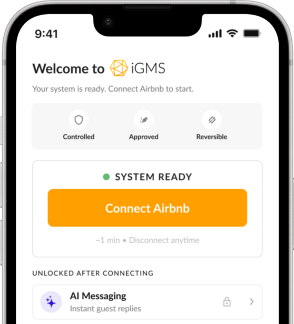 iGMS mobile app welcome screen prompting the user to connect their Airbnb account
