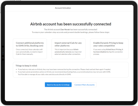 Airbnb account has been successfully connected - Connection confirmation screen