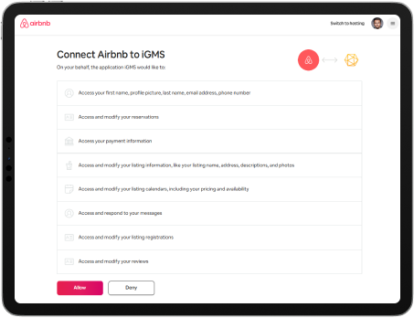 Connect Airbnb to iGMS - OAuth connection screen showing permission requests