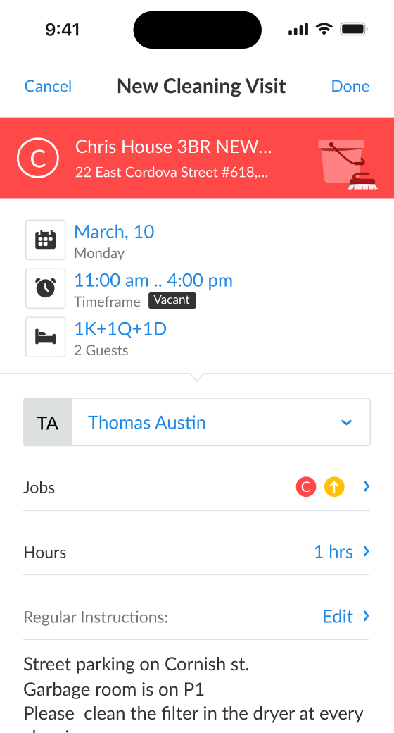 Una persona del equipo asignada a un trabajo con su horario.