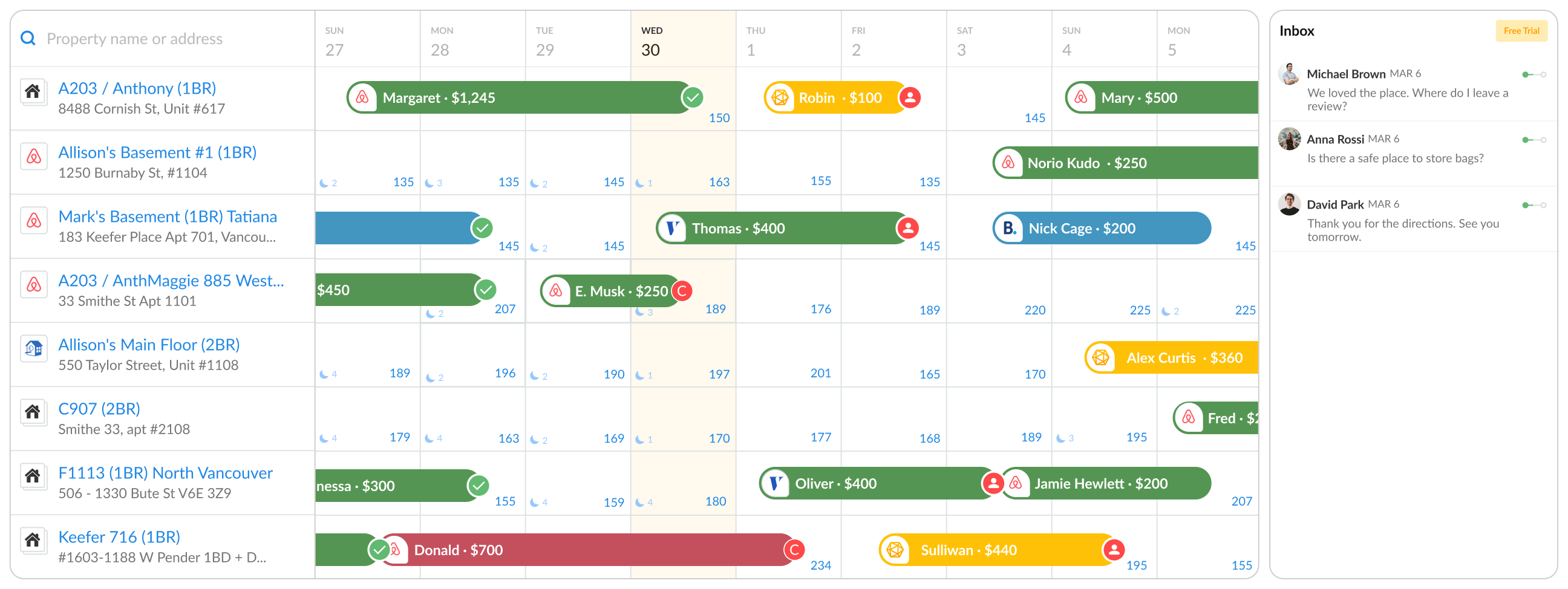 Calendario multicanal de iGMS: propiedades de Airbnb, Vrbo y Booking.com en una sola cuadrícula, con la bandeja de mensajes al lado.