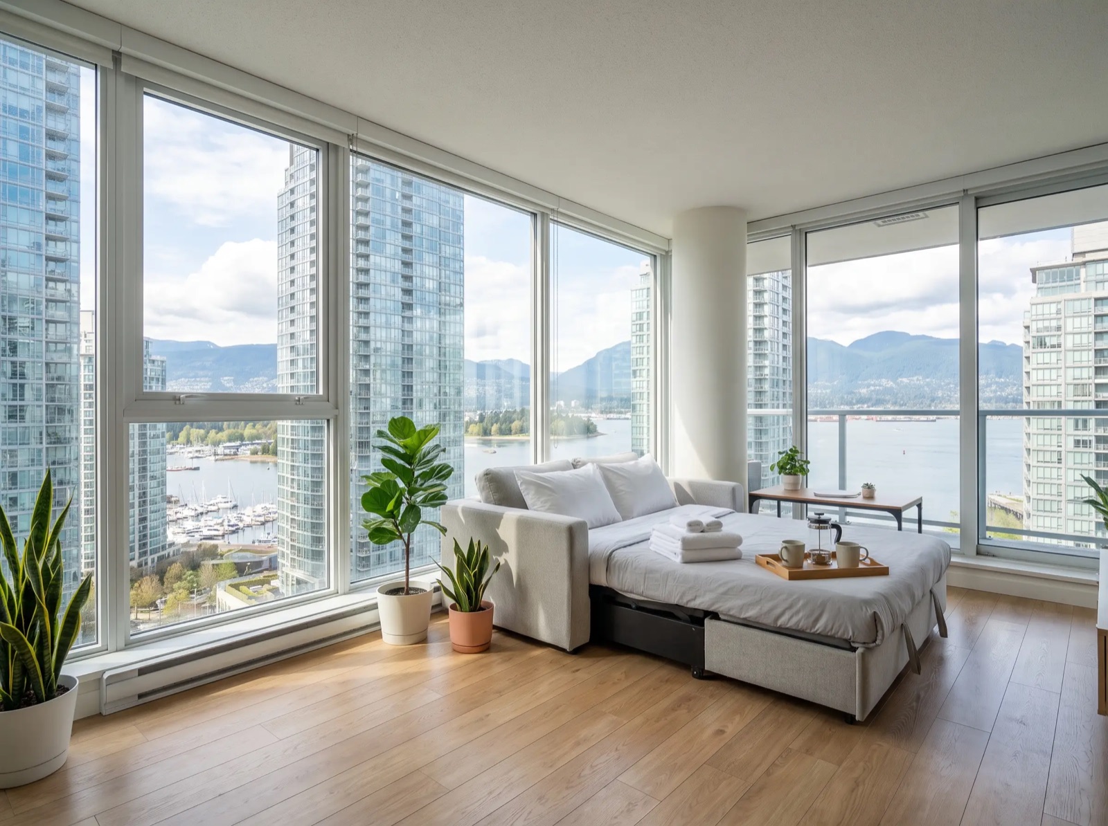 A bright one-bedroom apartment on a high floor in Vancouver: a made-up sofa bed with folded towels, floor-to-ceiling windows, the harbour and mountains behind the towers