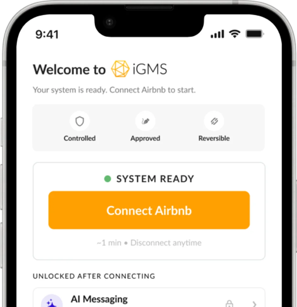 The iGMS app on first open: System ready, a Connect Airbnb button, about one minute, disconnect anytime.