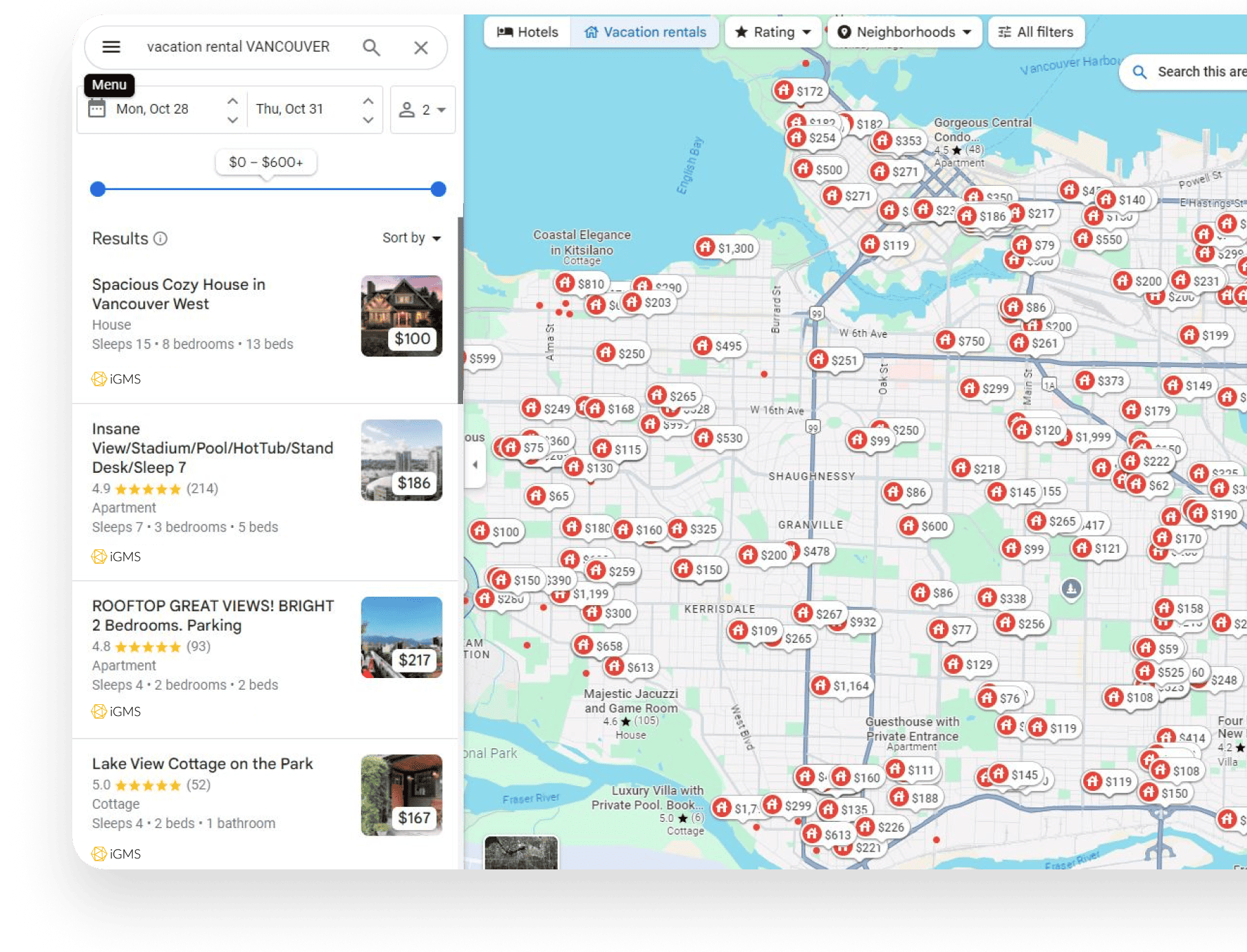 iGMS listings appearing in Google Vacation Rentals search results and on the Google Maps view