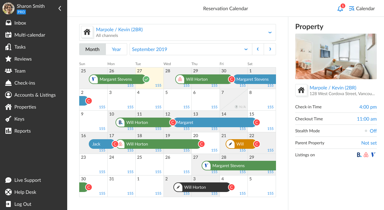 Calendario de reservas de iGMS para una sola propiedad