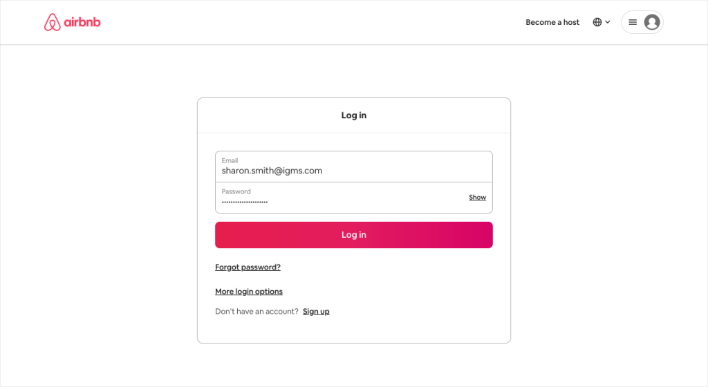 Airbnb login page with credentials