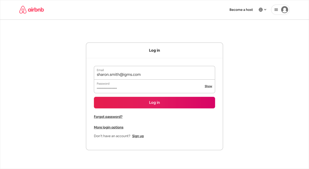 Página de inicio de sesión de Airbnb con credenciales