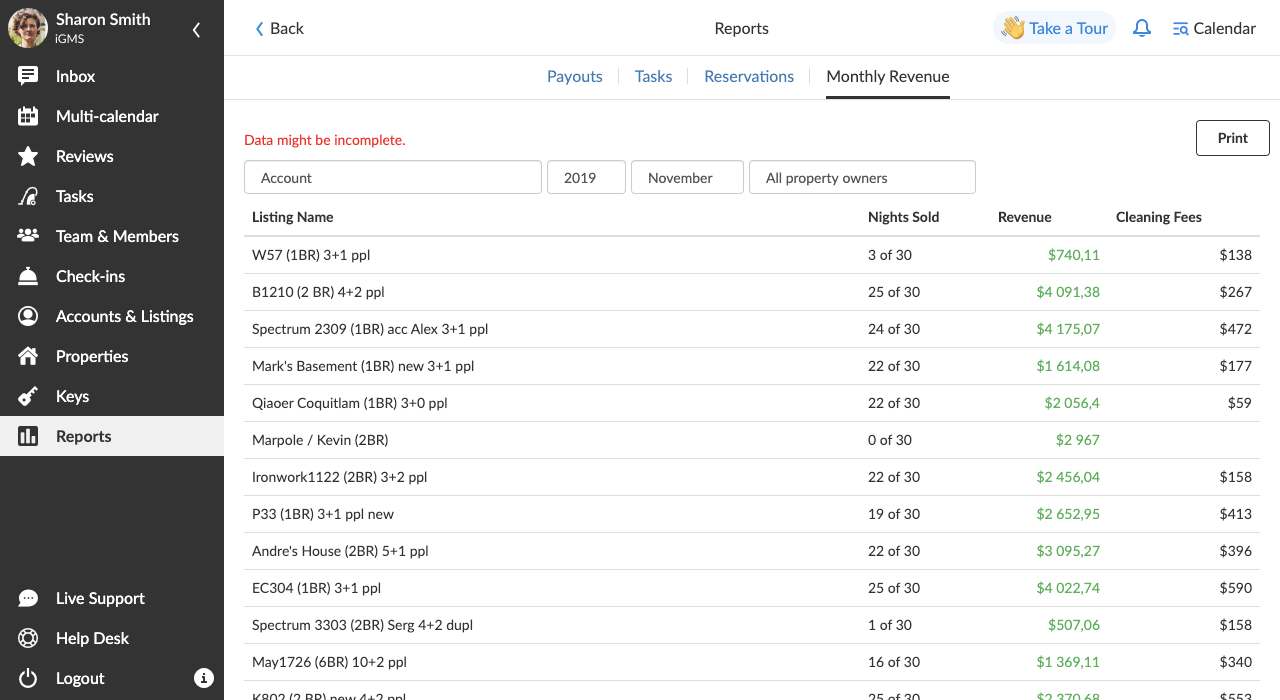 iGMS monthly revenue report