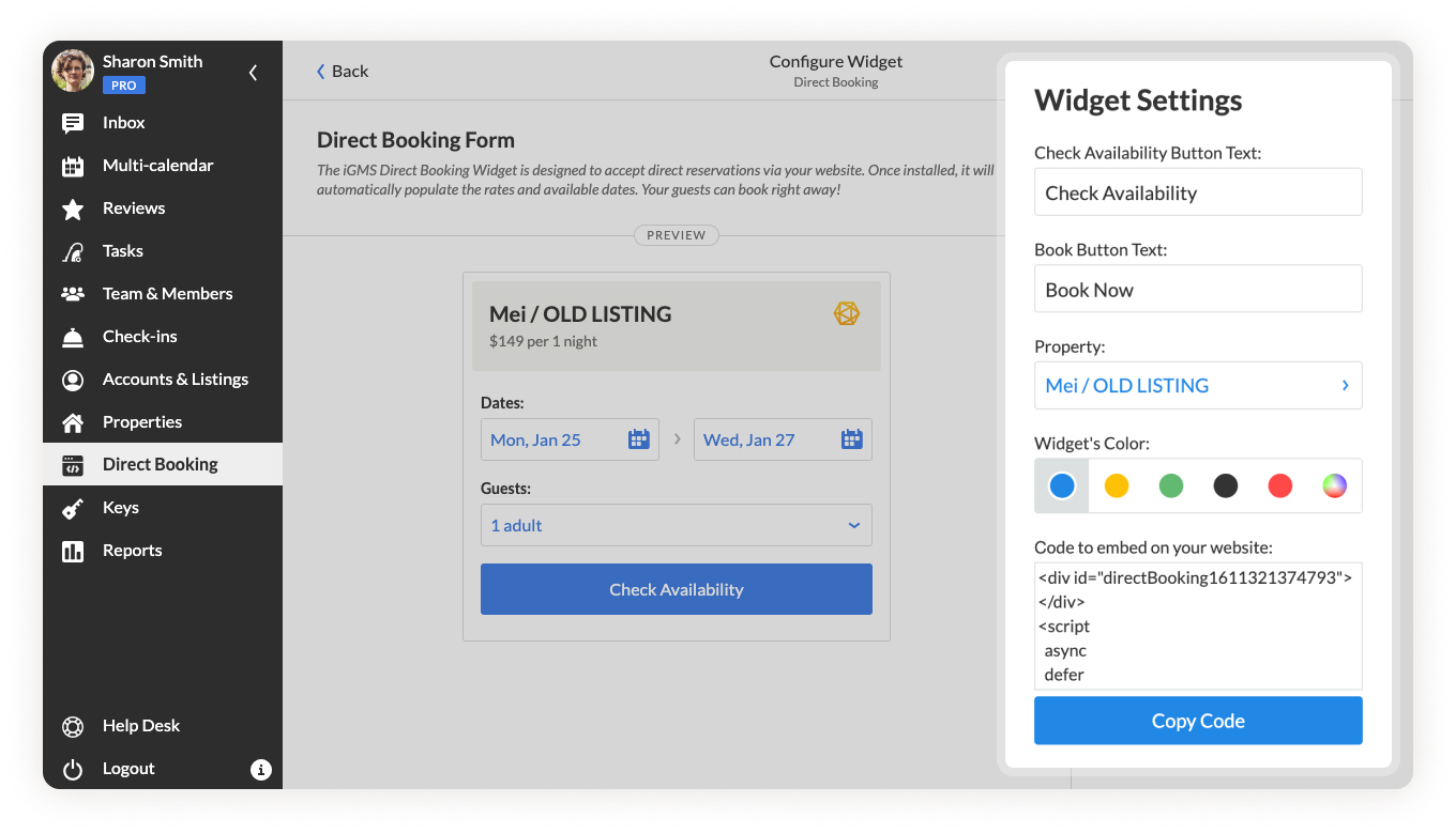 Configuración del widget iGMS Direct Booking