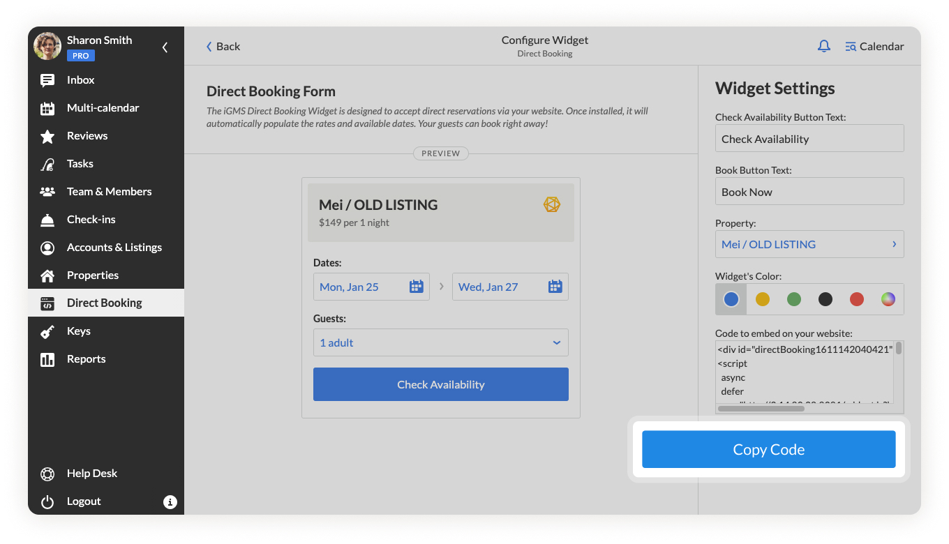 Configuración del widget iGMS Direct Booking