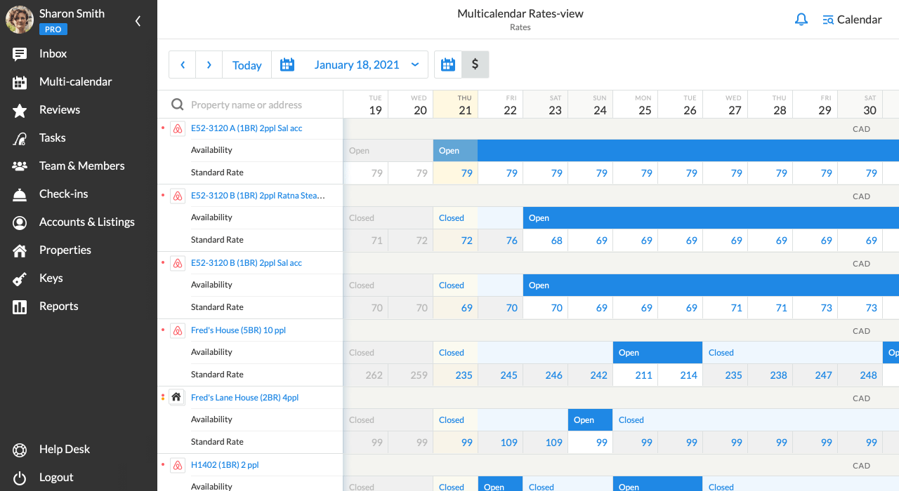 Vista de tarifas de iGMS Multi-Calendar