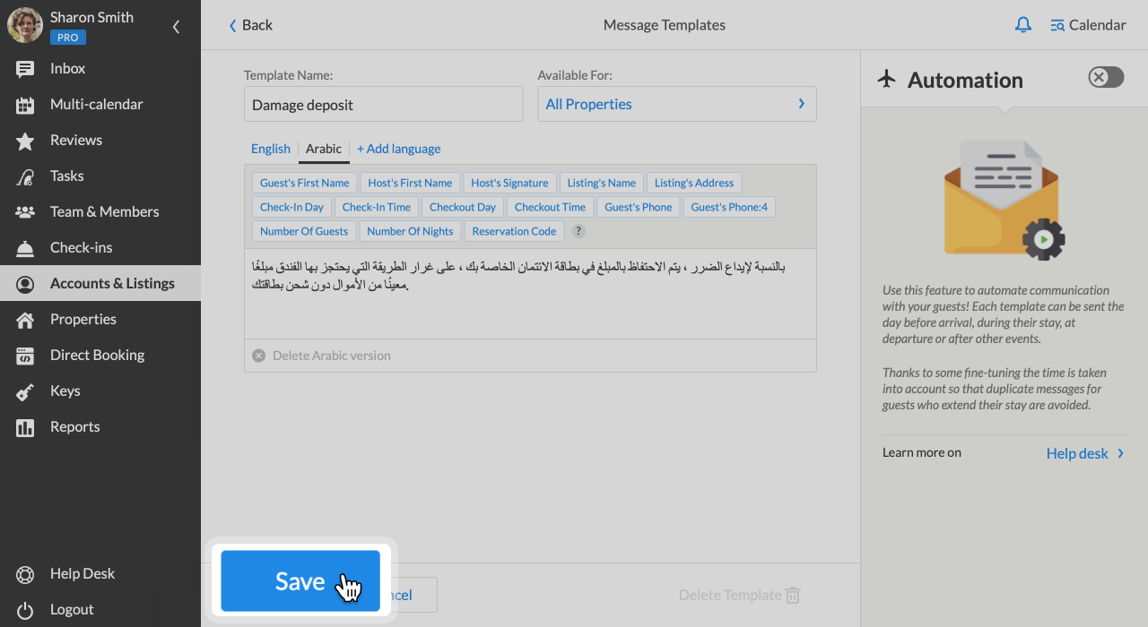 iGMS Template Editor Multilingual Message Template Arabic Language Selected