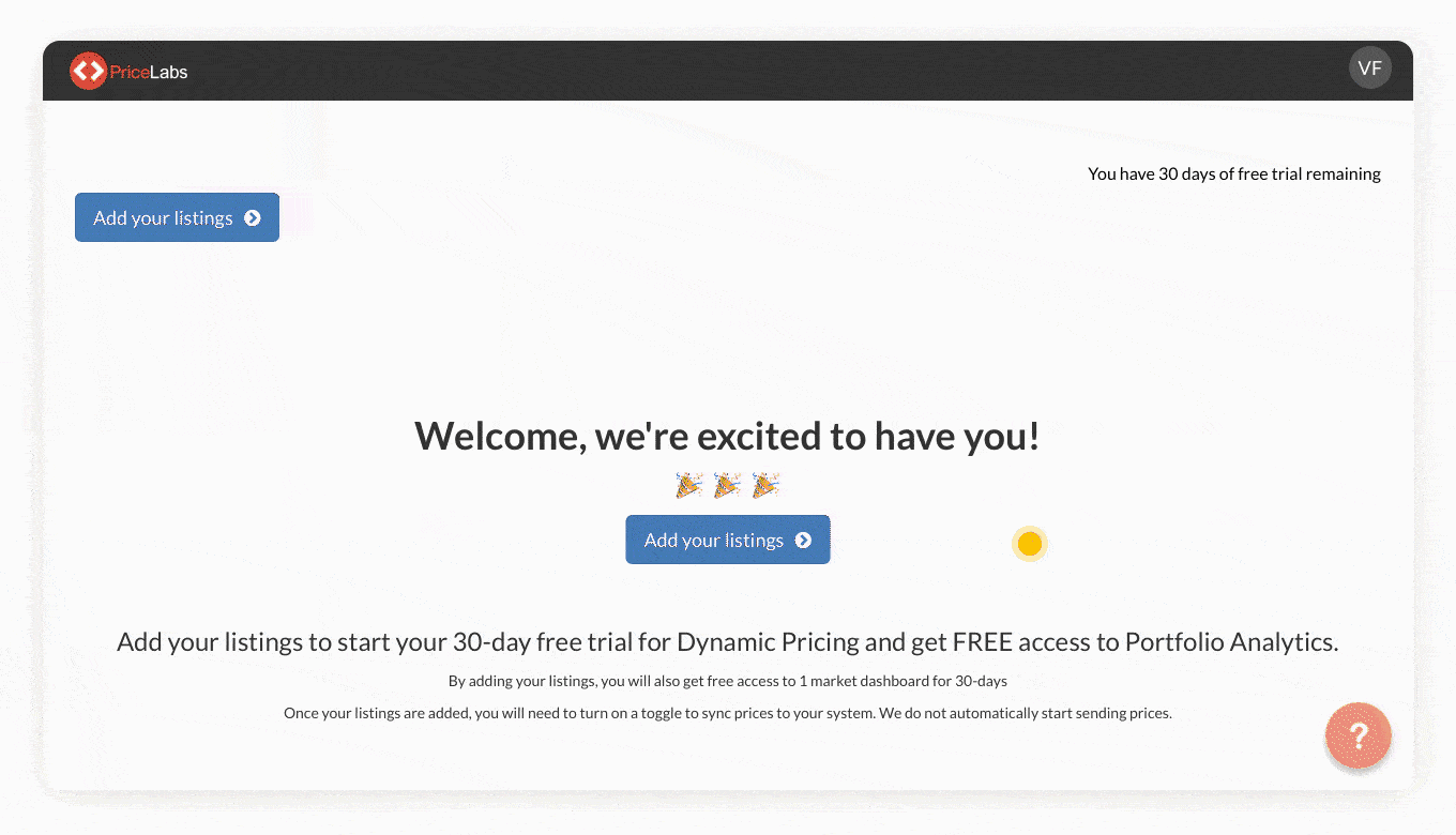 PriceLabs Welcome Screen