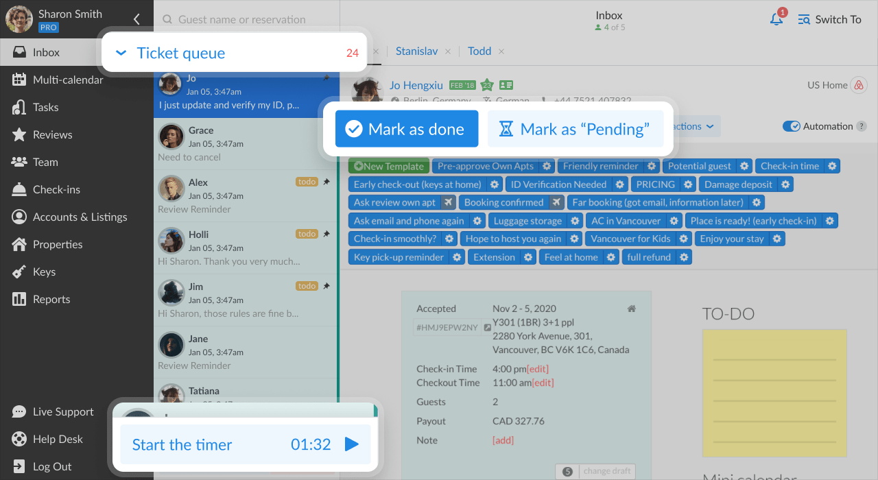 iGMS Inbox Ticket queue Mark as done Mark as Pending Start the timer