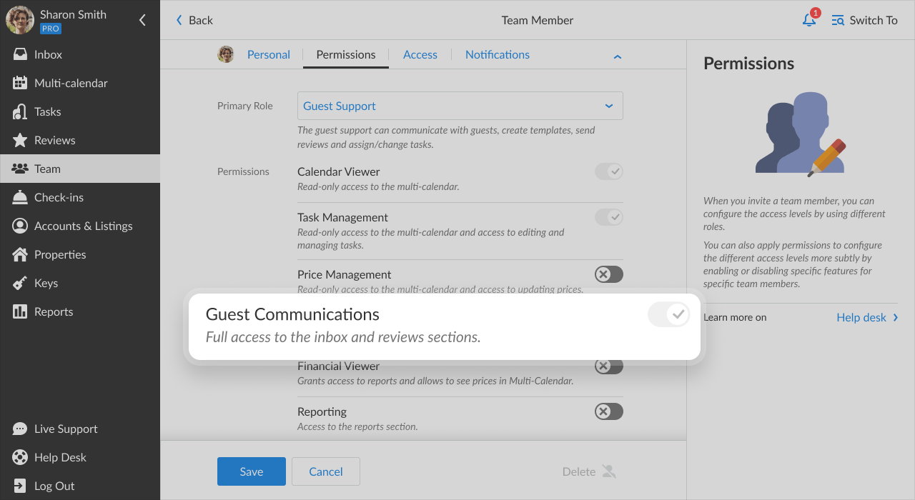 iGMS Team and Members Permissions Guest Communication enabled