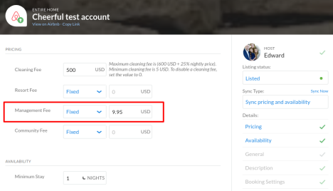 iGMS Airbnb Listing Editor Management Fee Fixed