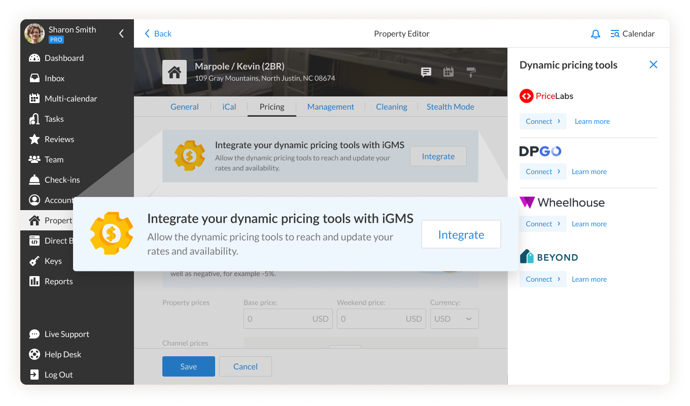 iGMS Property Editor Pricing tab Dynamic Pricing Tools to Integrate PriceLabs DPGO Wheelhouse Beyond