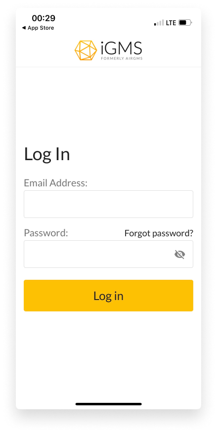 log in page on the mobile application