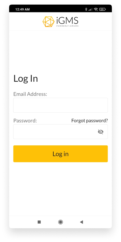 Log in page on the mobile application