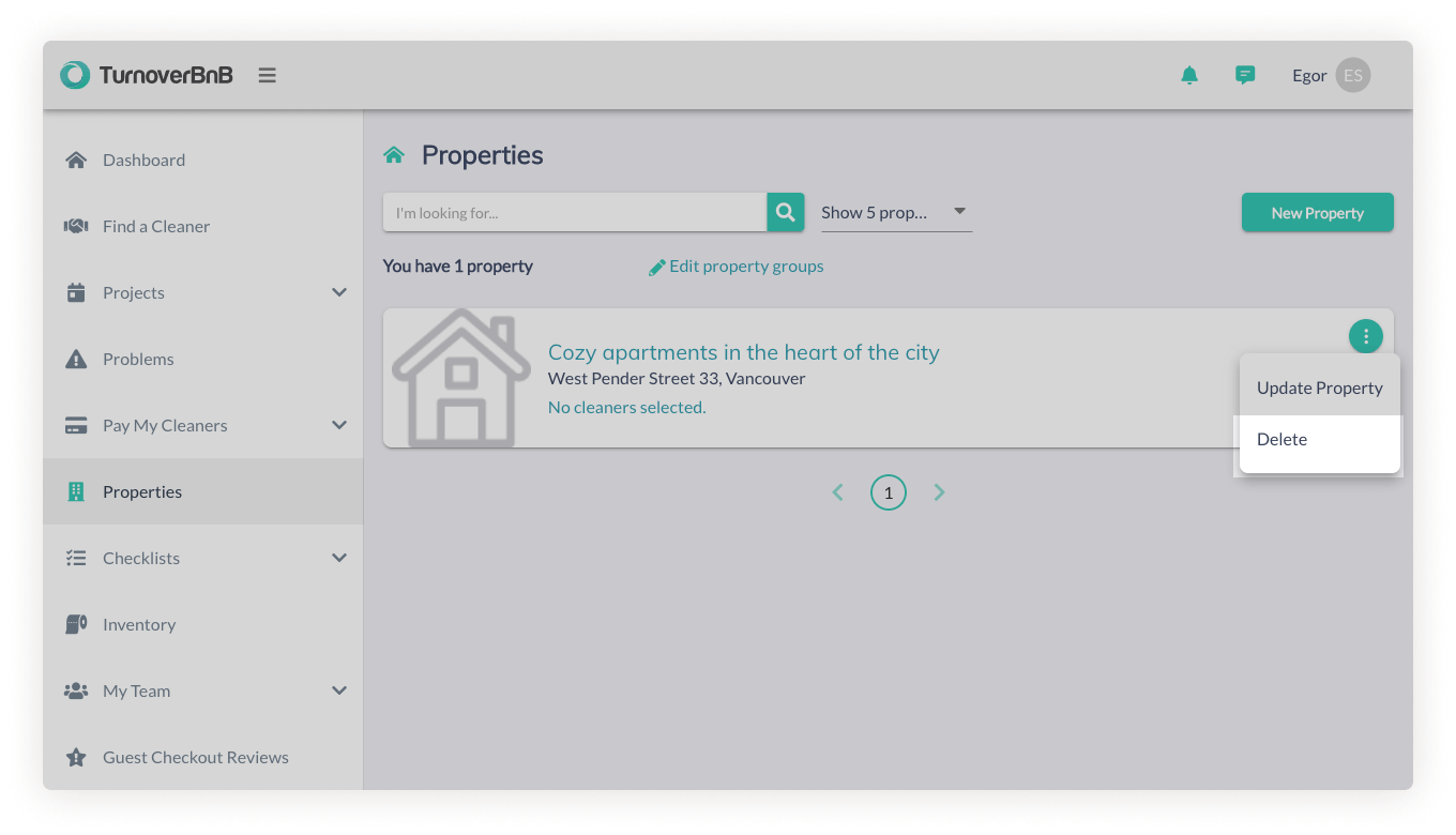 Delete property from TurnoverBnb