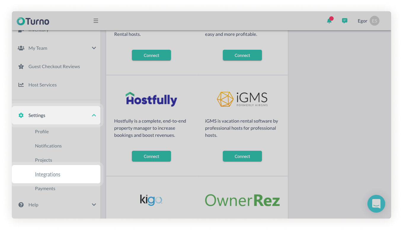 Turno settings integrations