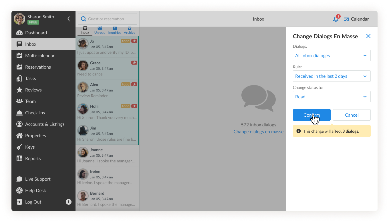iGMS Inbox Change dialogs en masse All inbox dialogs Received in the last 2 days Read