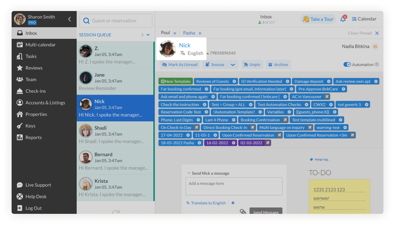iGMS inbox threads open guest name highlighted 