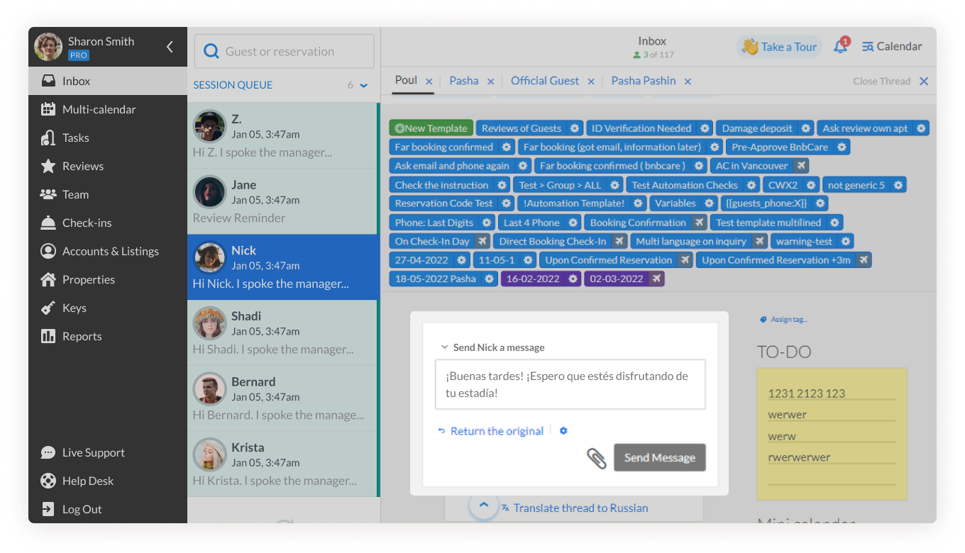 iGMS inbox threads open message in chat box click translate 