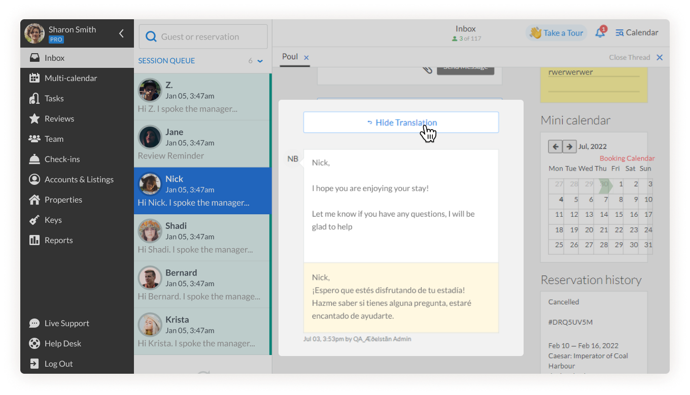 iGMS inbox threads translated to chosen language 
