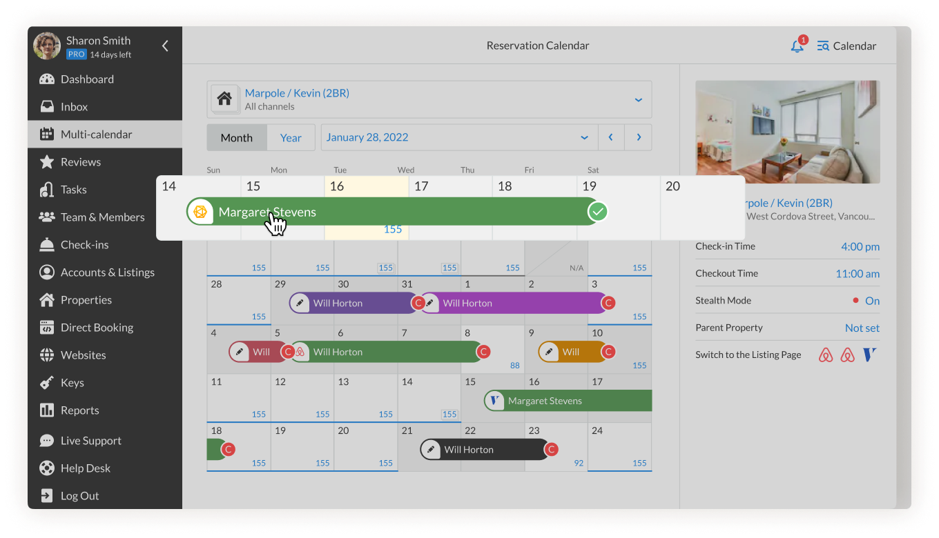 iGMS calendario de propiedades individuales reserva directa clic