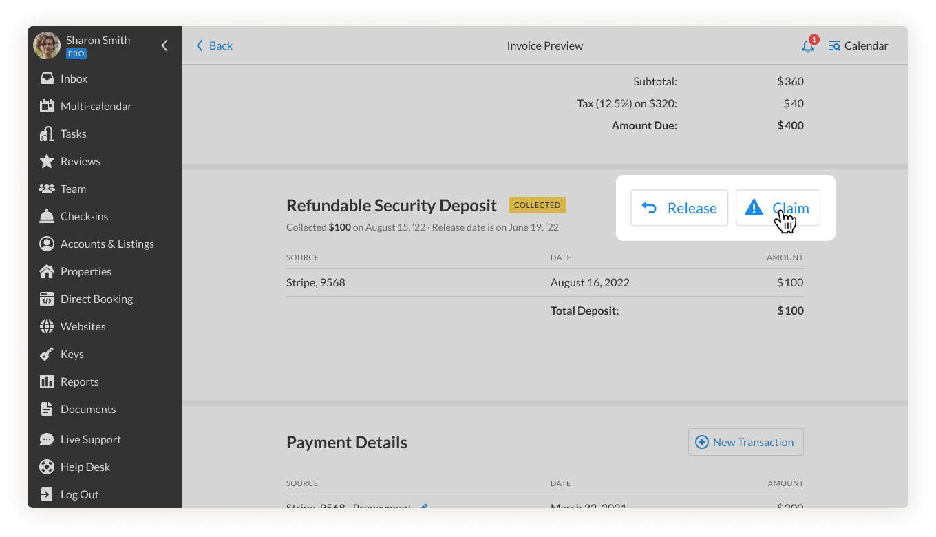 invoice claim security deposit