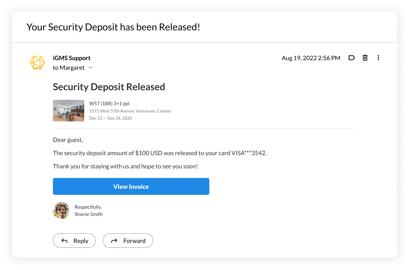 Release security deposit notification