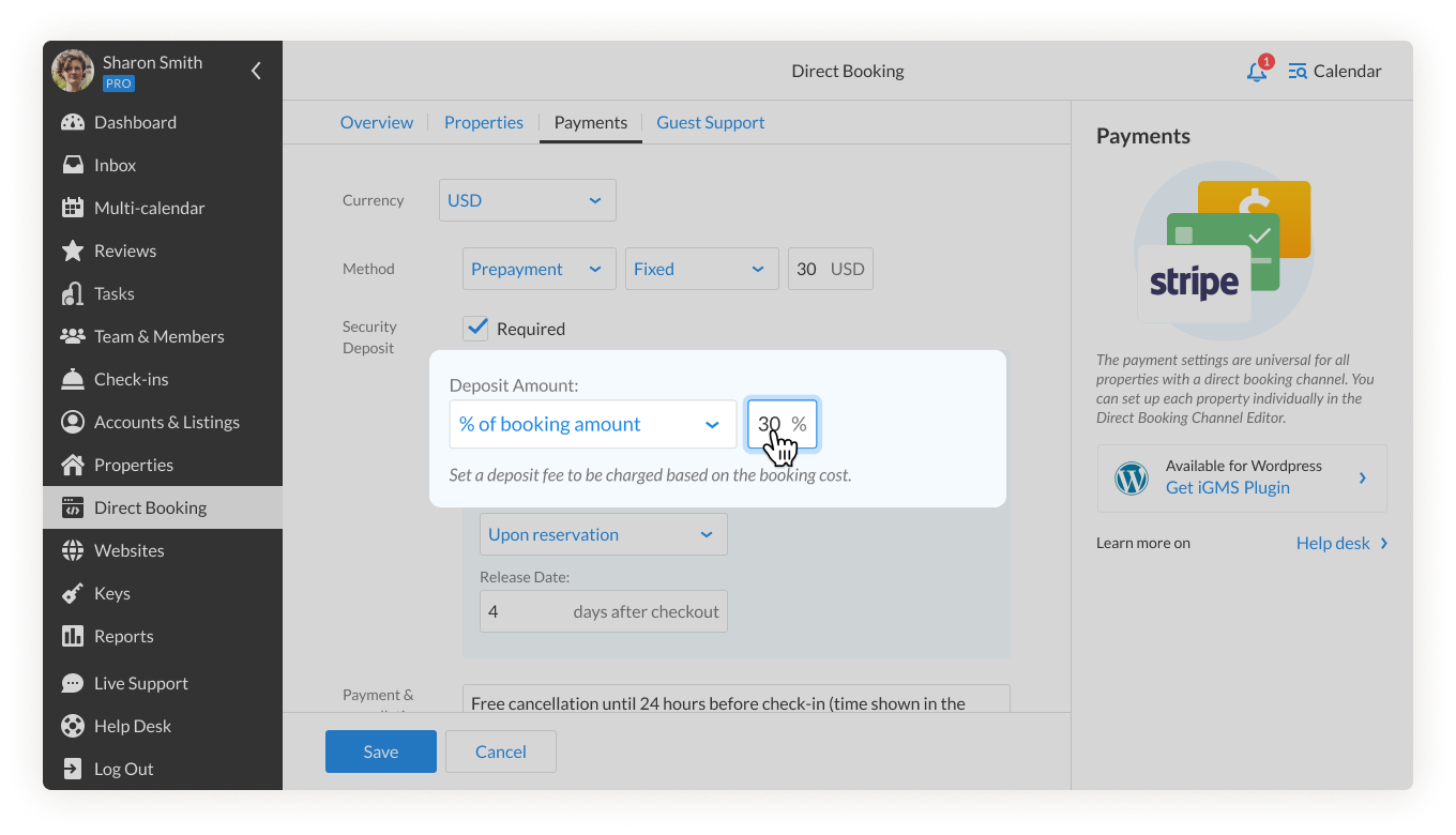 iGMS % of booking amount deposit set