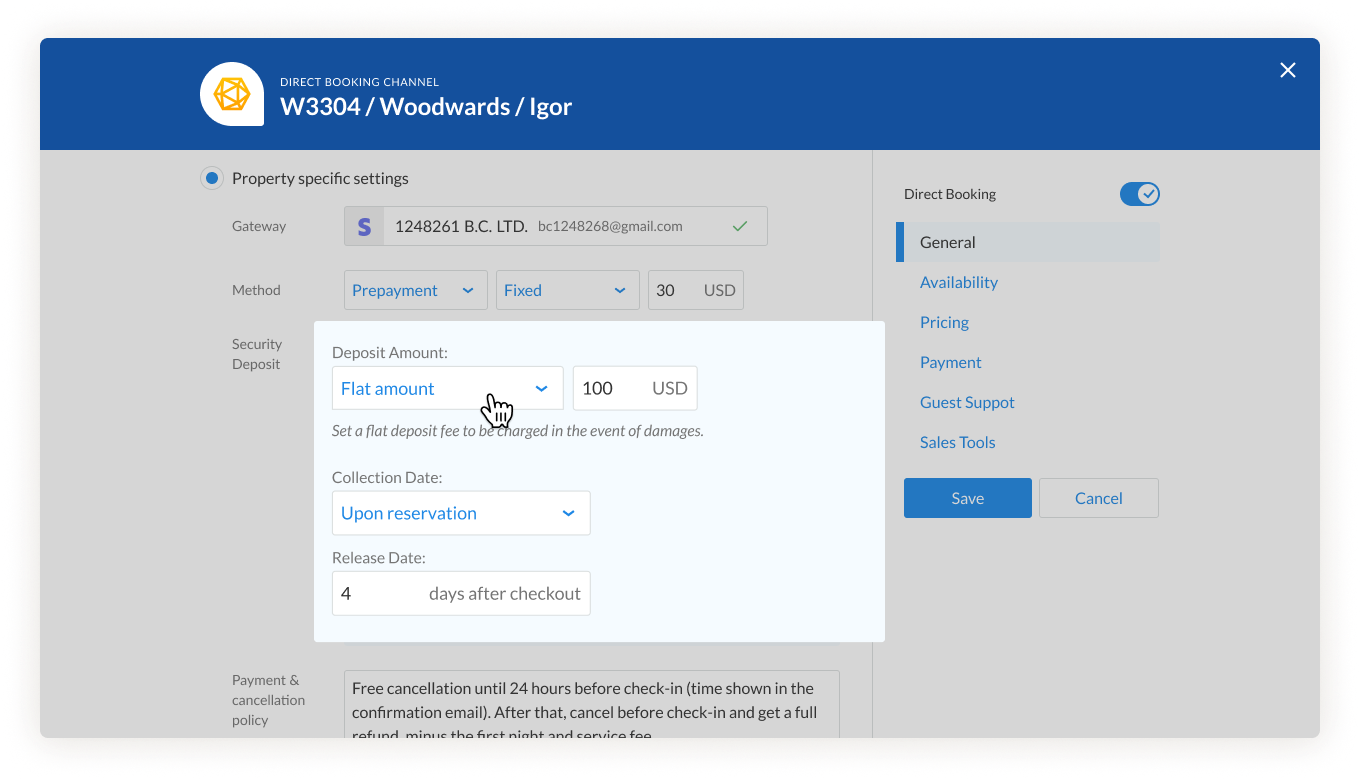 iGMS direct booking listing editor security deposit section