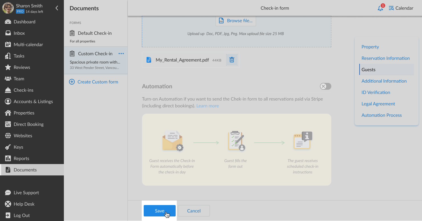 Click on save check in form