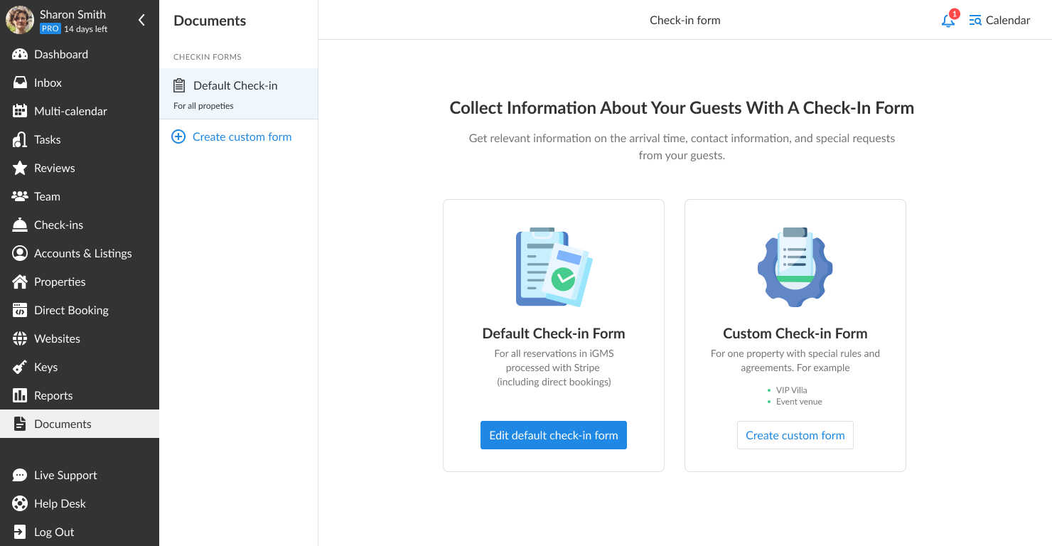 Documents screen, default check-in form and custom check-in form
