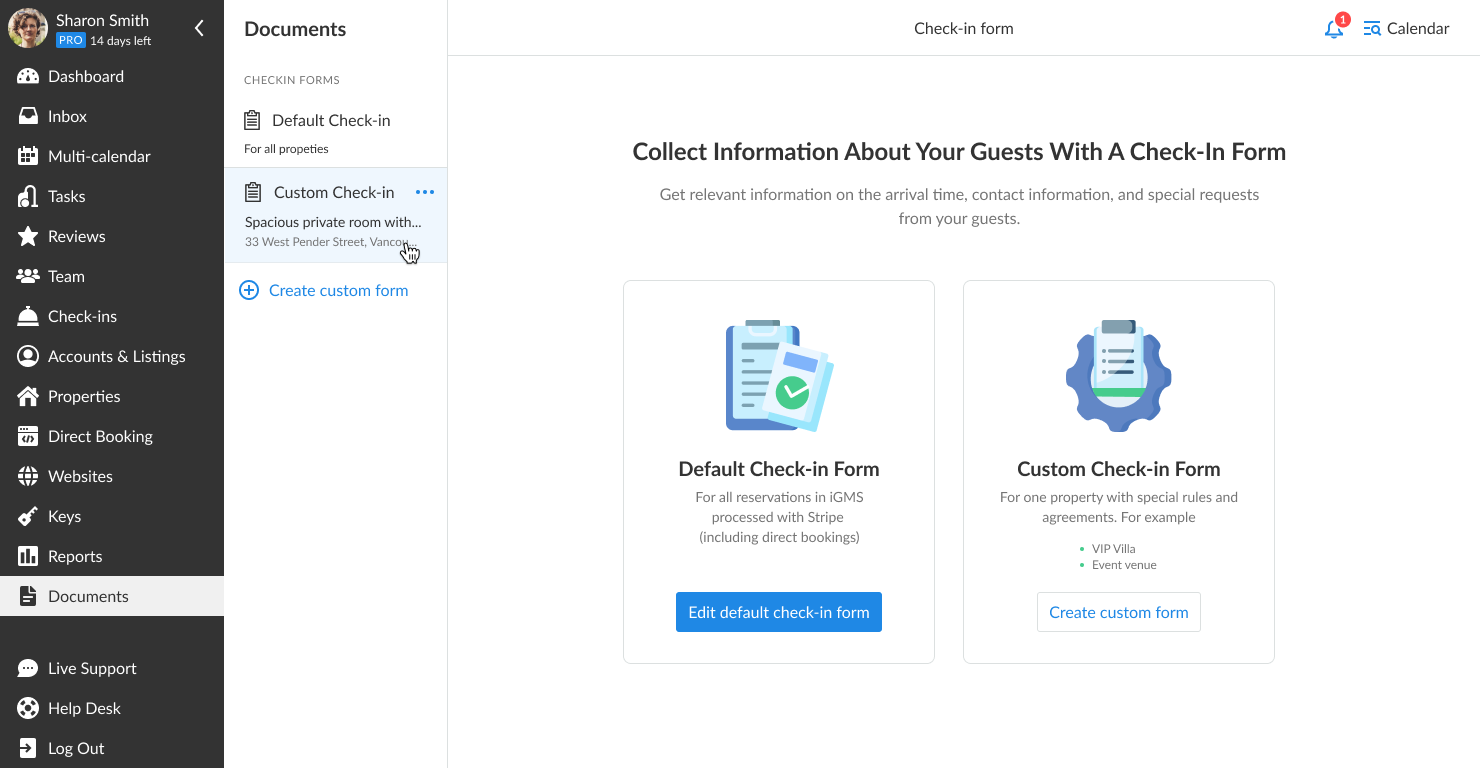 Click on the check-in form in the side panel