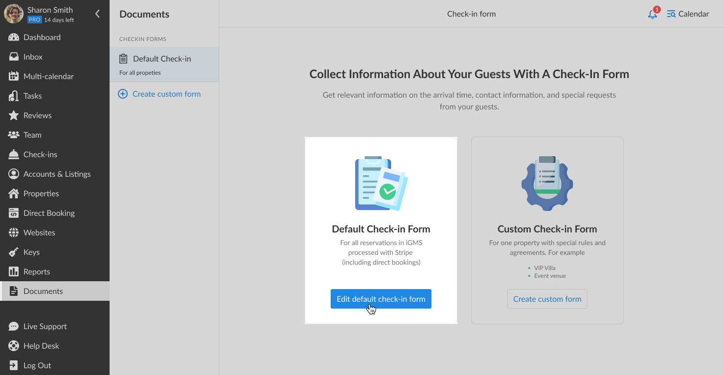 Documents screen click on edit default check-in form