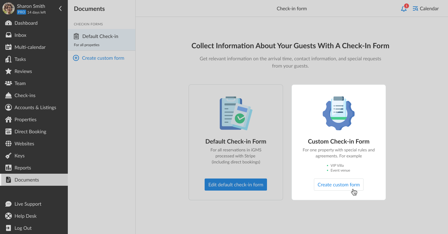 Documents screen, click on create custom form