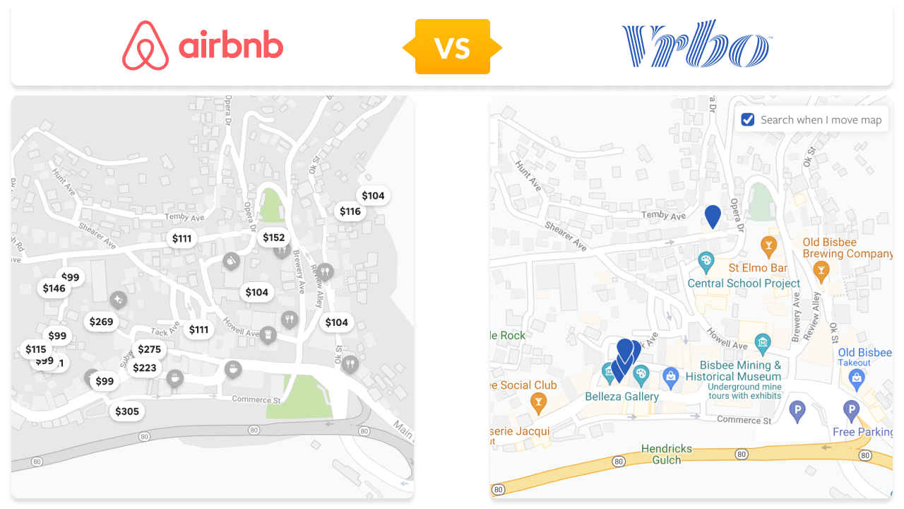 Una captura de pantalla que compara la selección de Airbnb y Vrbo en una ubicación