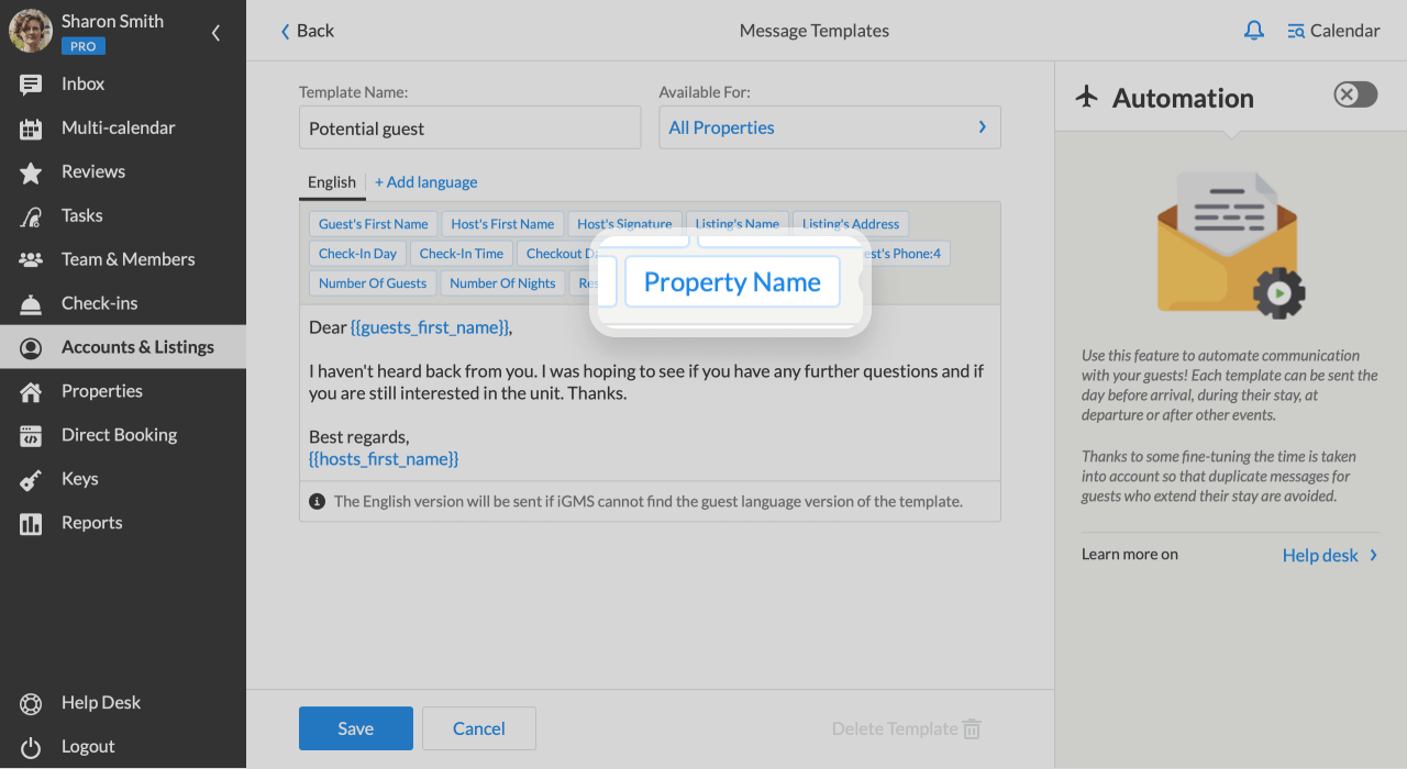 iGMS Message Template Editor Property Name variable