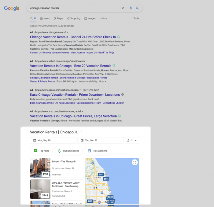 Screengrab of search results for google vacation rentals