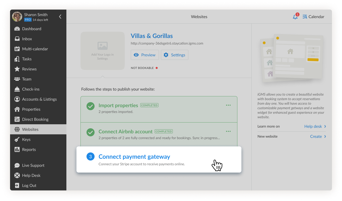 iGMS Website Builder Connect Payment gateway step active